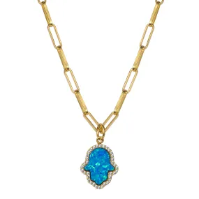 18k gold plated silver blue opal hamsa paperclip necklace