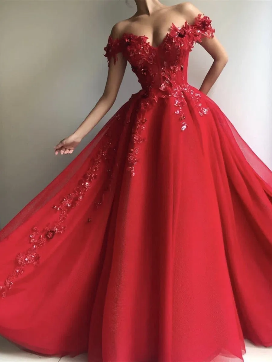 A Line Off Shoulder Tulle Red Long Prom Dresses with Appliques Sequins, Red Lace Formal Dresses, Ball Gown