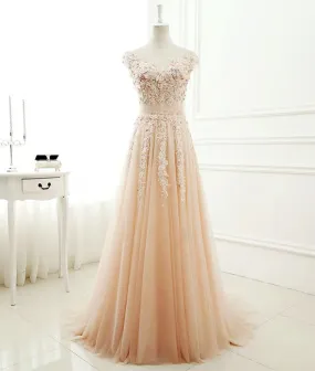 A-line round neck tulle lace long prom dress, evening dress