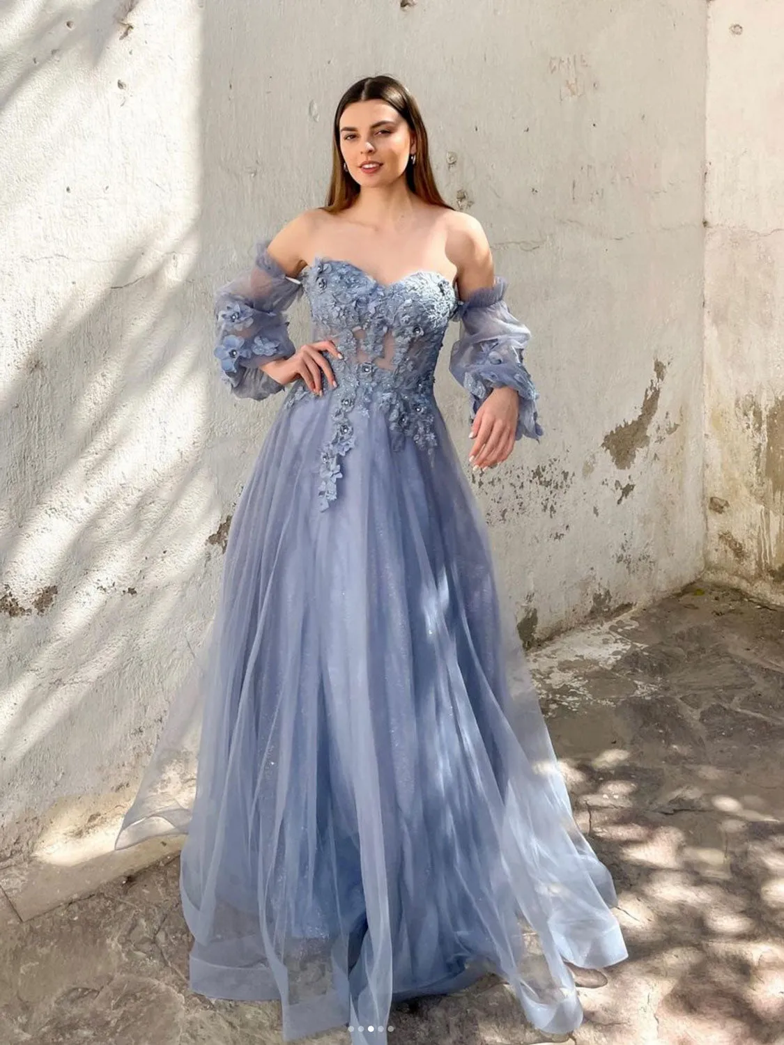 A-Line Sweetheart Neck Tulle Gray Blue Lace Long Prom Dress, Gray Blue Formal Evening Dress