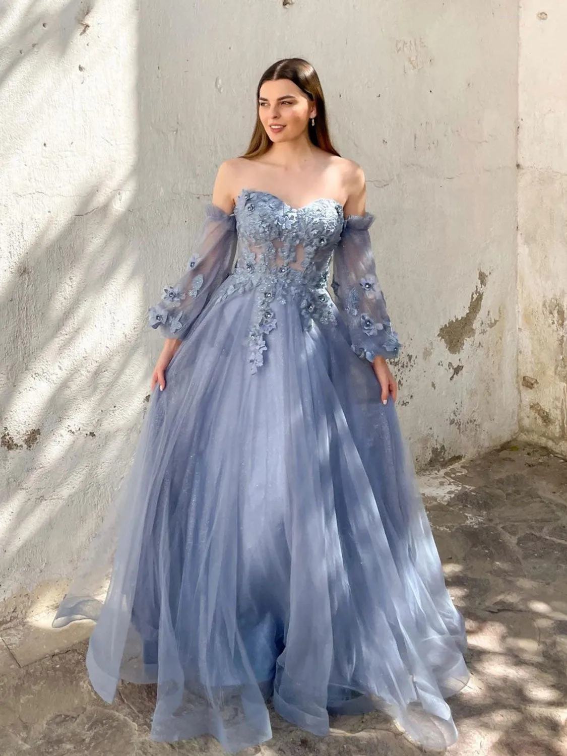 A-Line Sweetheart Neck Tulle Gray Blue Lace Long Prom Dress, Gray Blue Formal Evening Dress