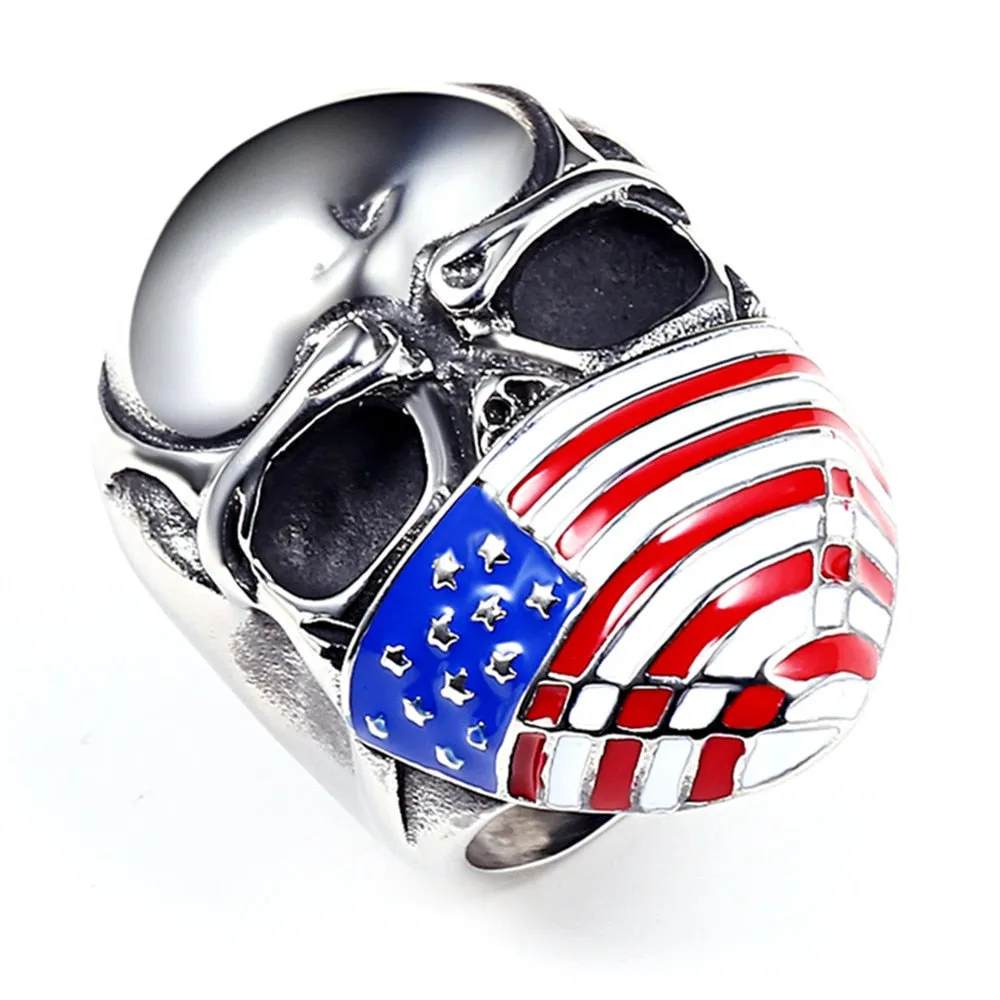 American Flag Skull Biker Patriotic Ring