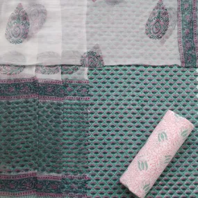 Appealing Hand Block Print Cotton Suit Set with Chiffon Dupatta (PCHF432)