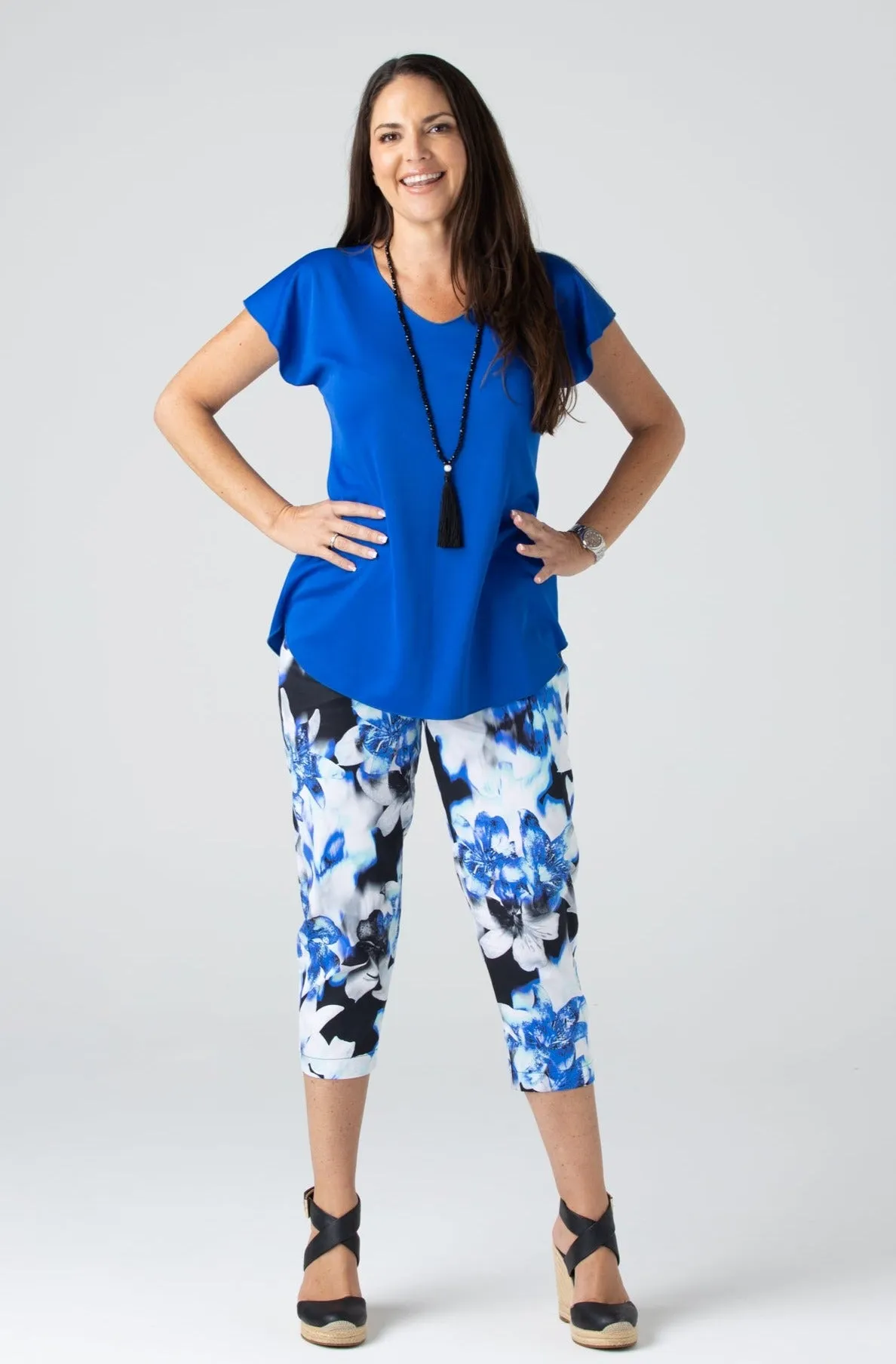 Berry Print Stretch Cotton Sateen Capri Pants