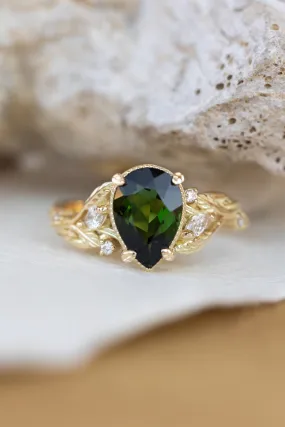 Big vivid green tourmaline engagement ring, nature inspired gold ring with accent diamonds / Patricia