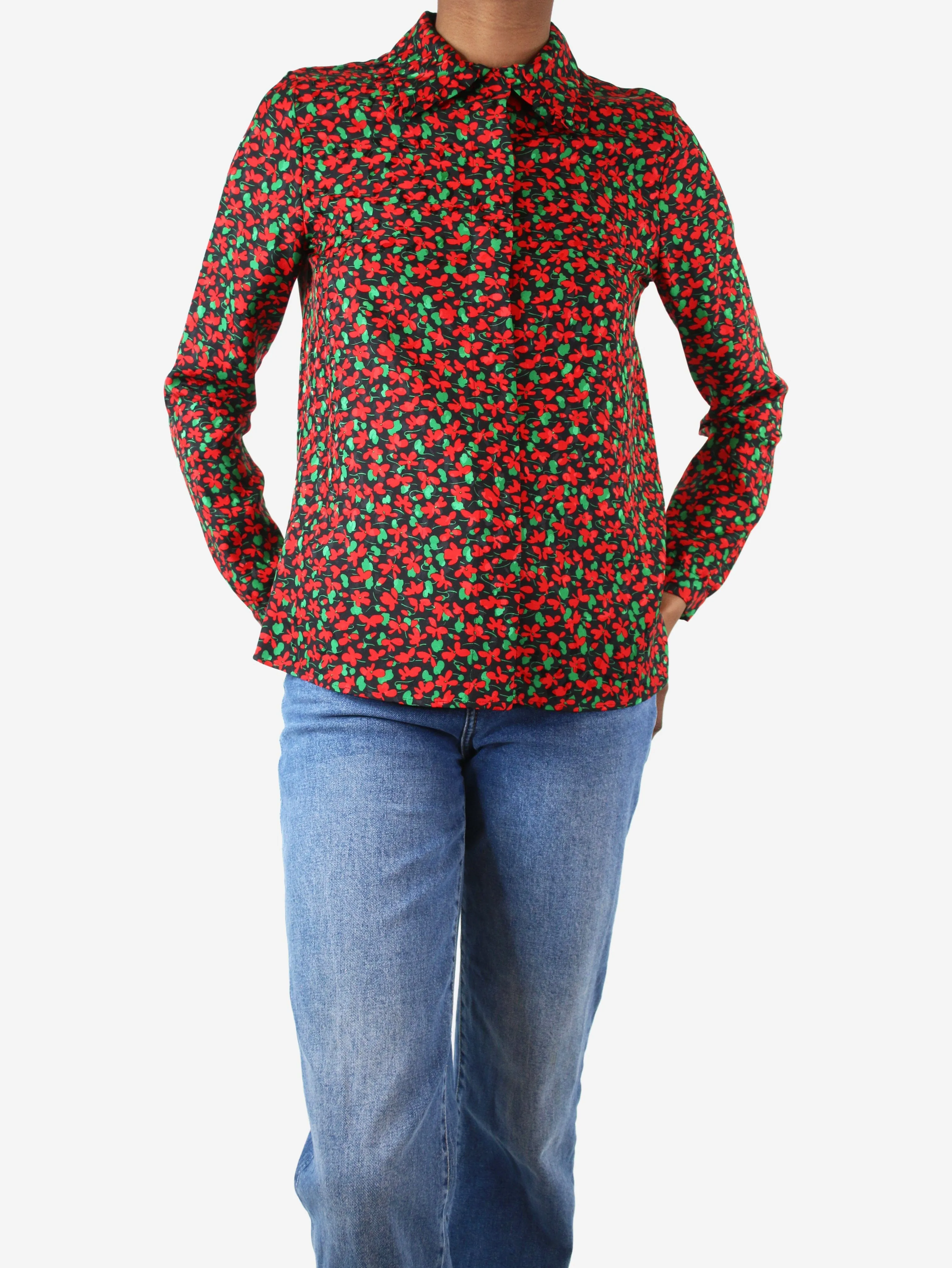 Black and red silk floral shirt - size UK 6