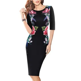 Black Floral Graphic Sheath Dress