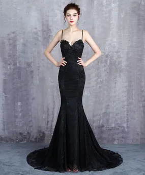 Black Lace Long Prom Dress, Mermaid Evening Dress