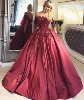 Burgundy lace satin long prom gown, burgundy evening dress