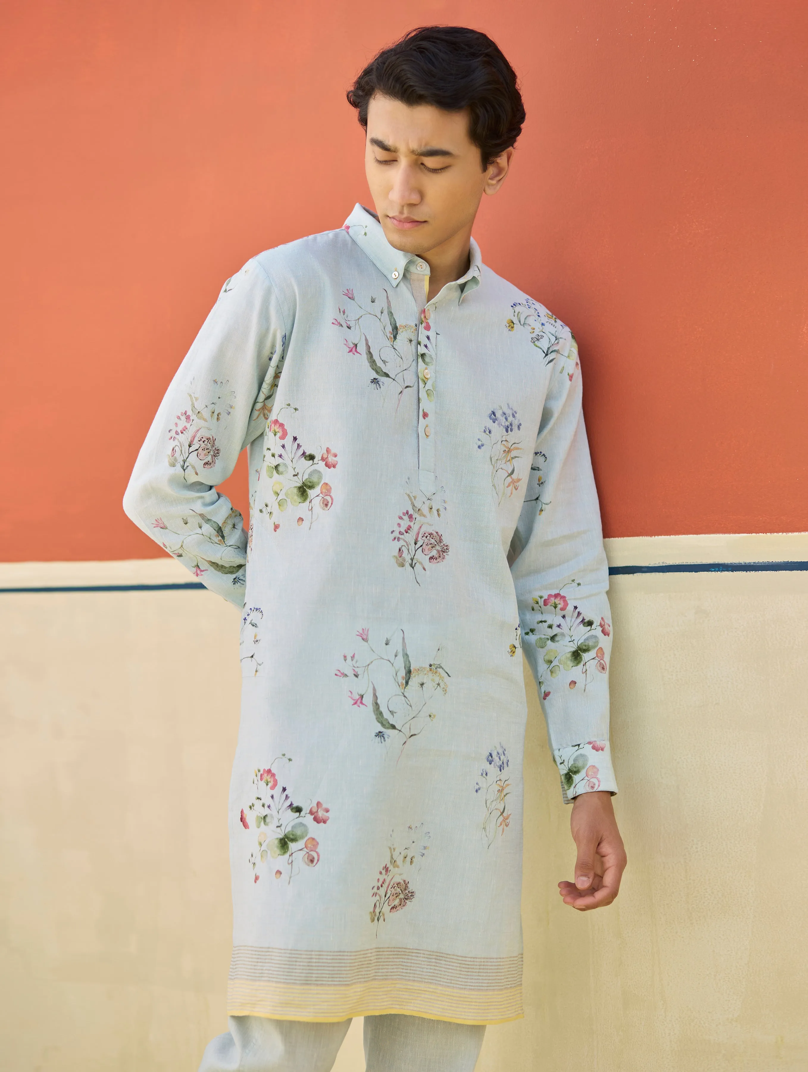 Ciro Watercolour Floral Kurta - Sky