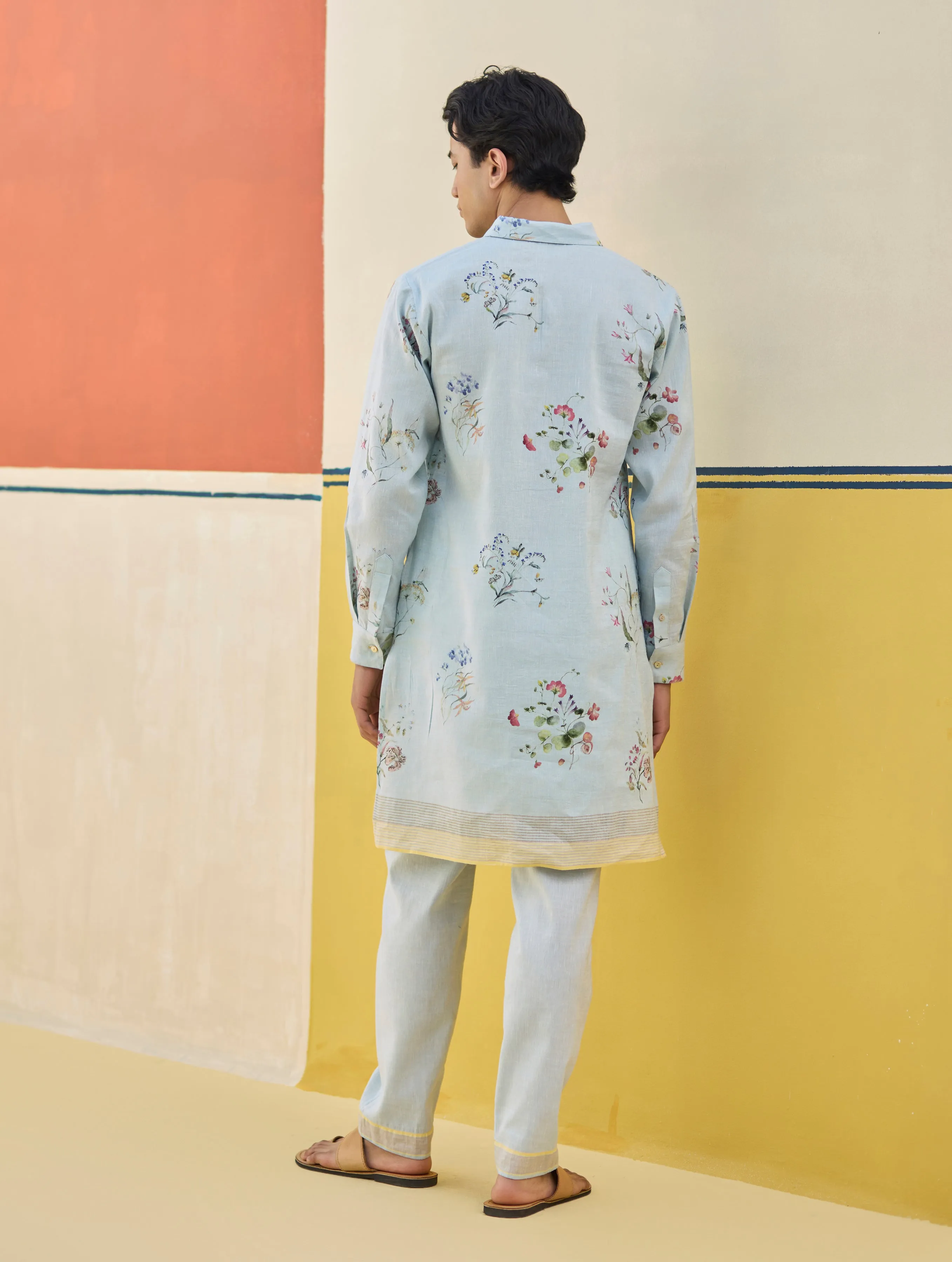 Ciro Watercolour Floral Kurta - Sky