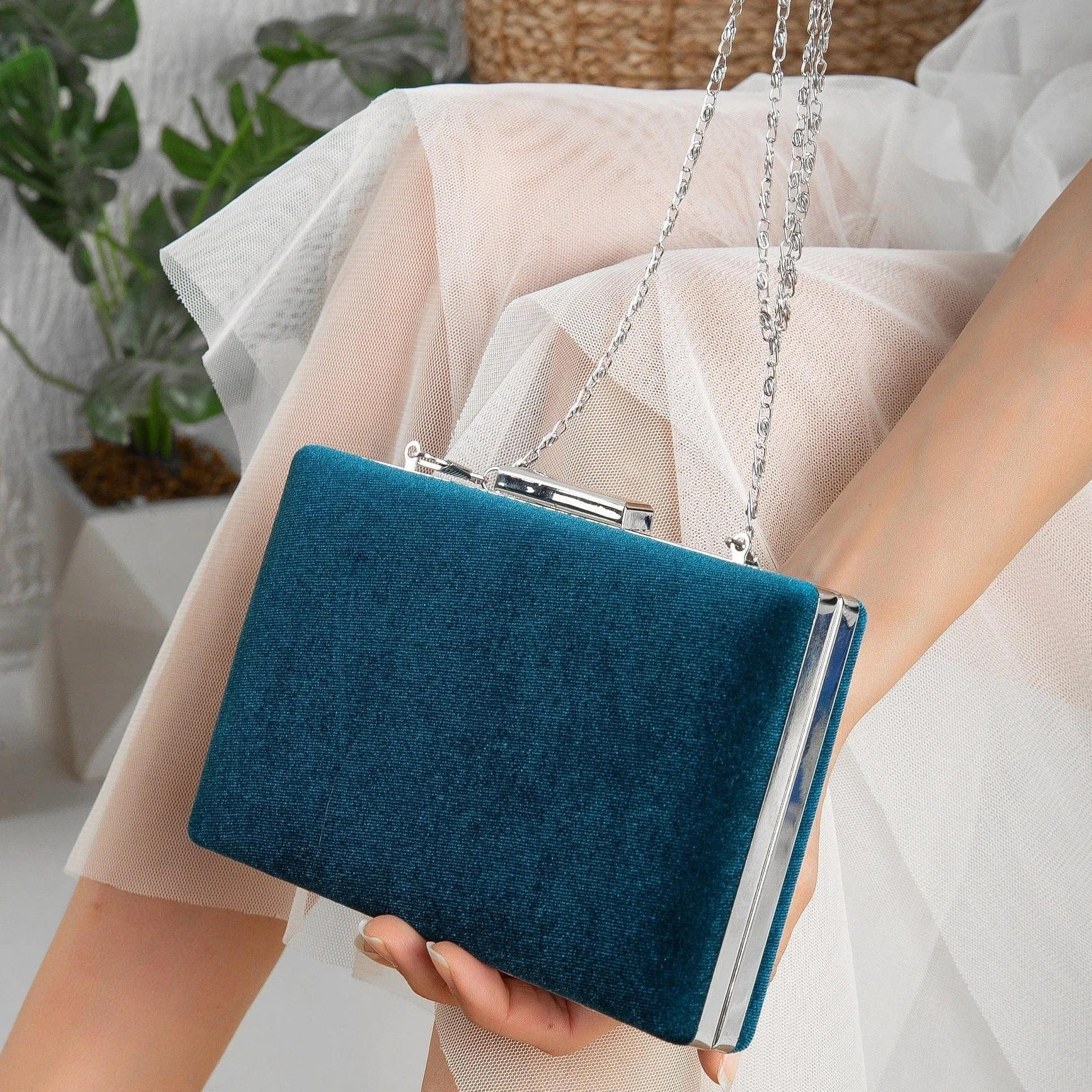 Clara Vegan Velvet Clutch | Teal Blue