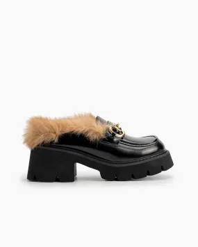 Classic Metal Buckle Fur Backless Slip on Slides Platform Chunky Mules