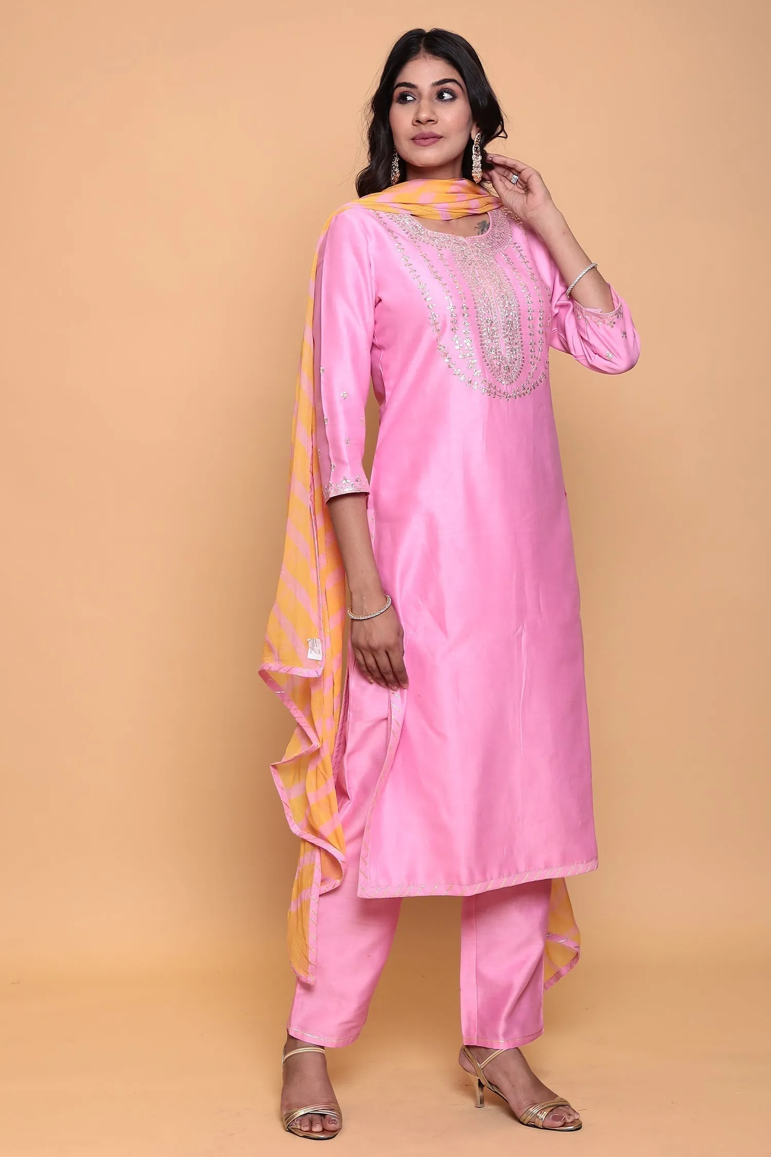 Cotton silk Kurta with Pittan work.