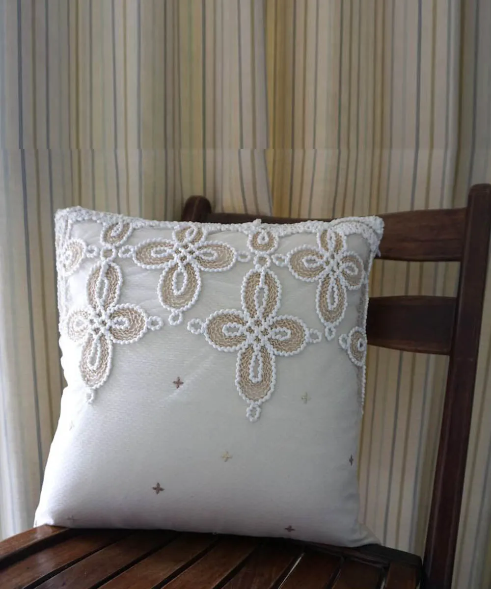 Cream-cord handembroidered floral cotton cushion cover