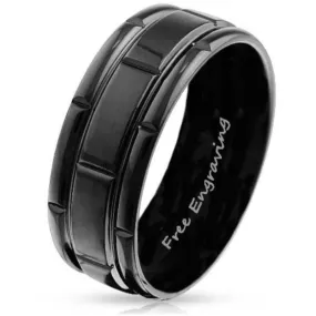 Custom Engraved Men's Black Wedding Ring - Black Square Grooves Stainless Steel