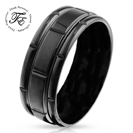 Custom Engraved Men's Black Wedding Ring - Black Square Grooves Stainless Steel