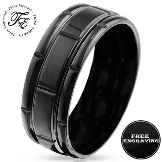 Custom Engraved Men's Black Wedding Ring - Black Square Grooves Stainless Steel