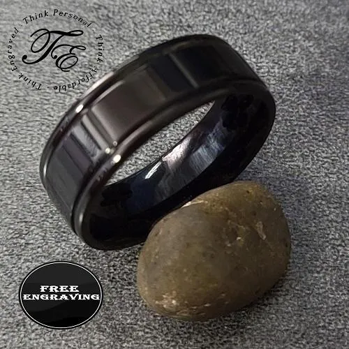 Custom Engraved Men's Black Wedding Ring - Black Square Grooves Stainless Steel