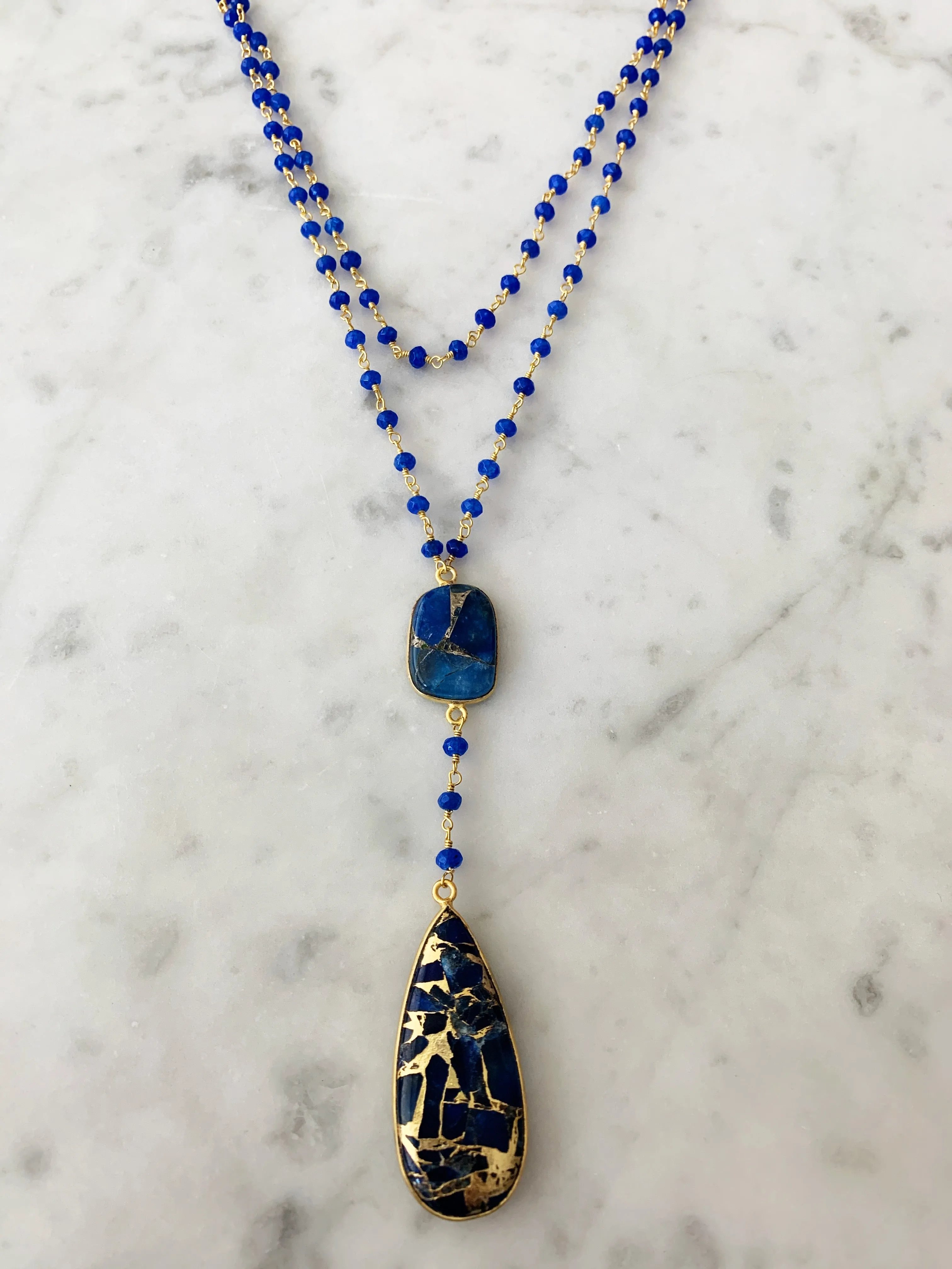 Double Diana Denmark Necklace in Sapphire with Blue Mojave Copper Turquoise Drop