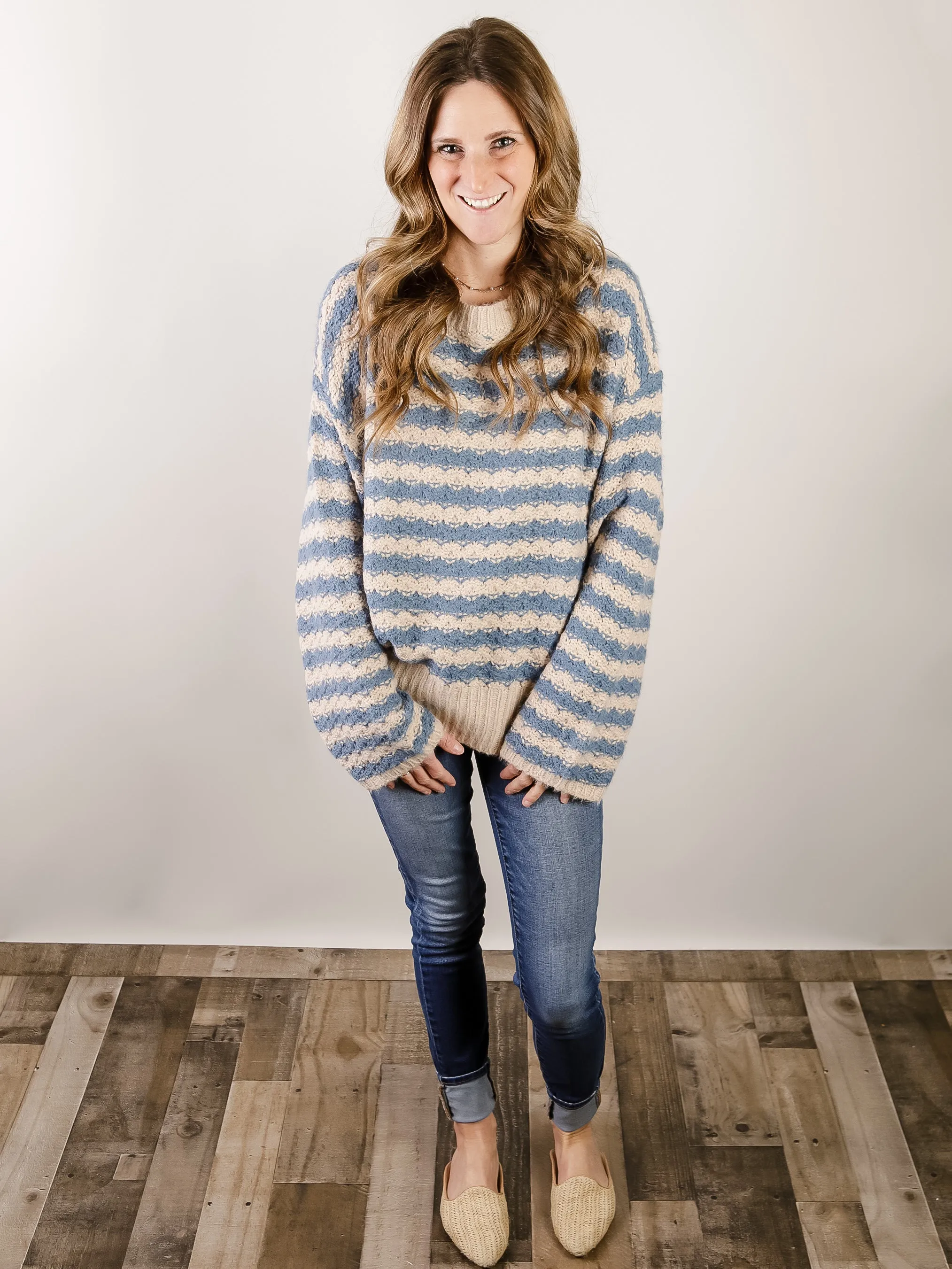 Dusty Blue and Taupe Striped Sweater