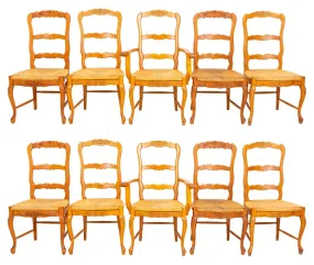 French Provincial Style Oak Dining Chairs, Set of  10