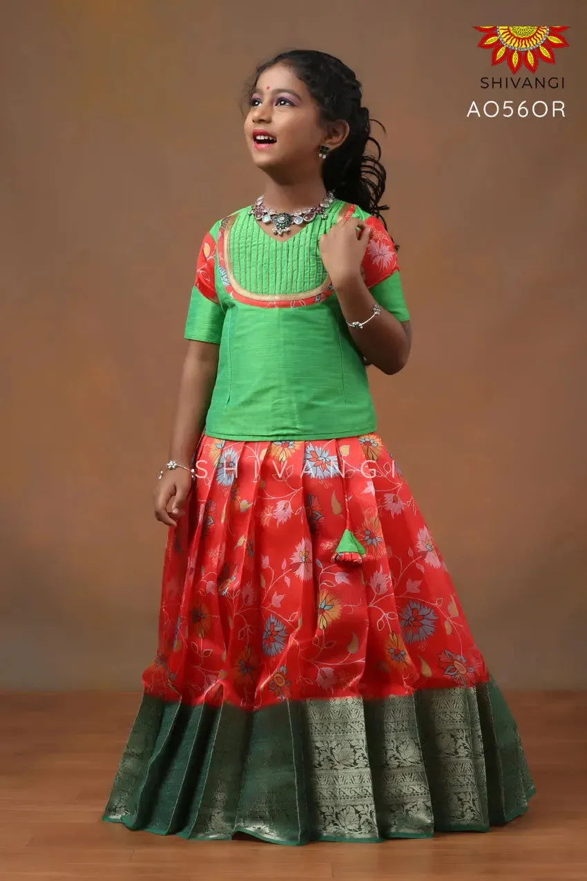 Girls Orange Organza Floral Creeper Pattu pavadai