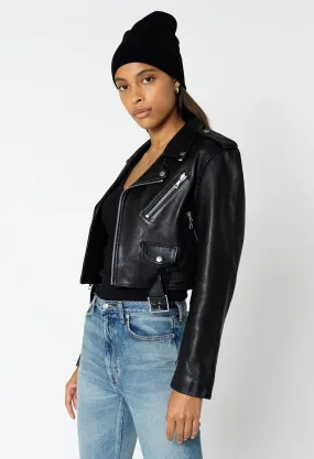 Leather Cropped Biker Jacket / Black