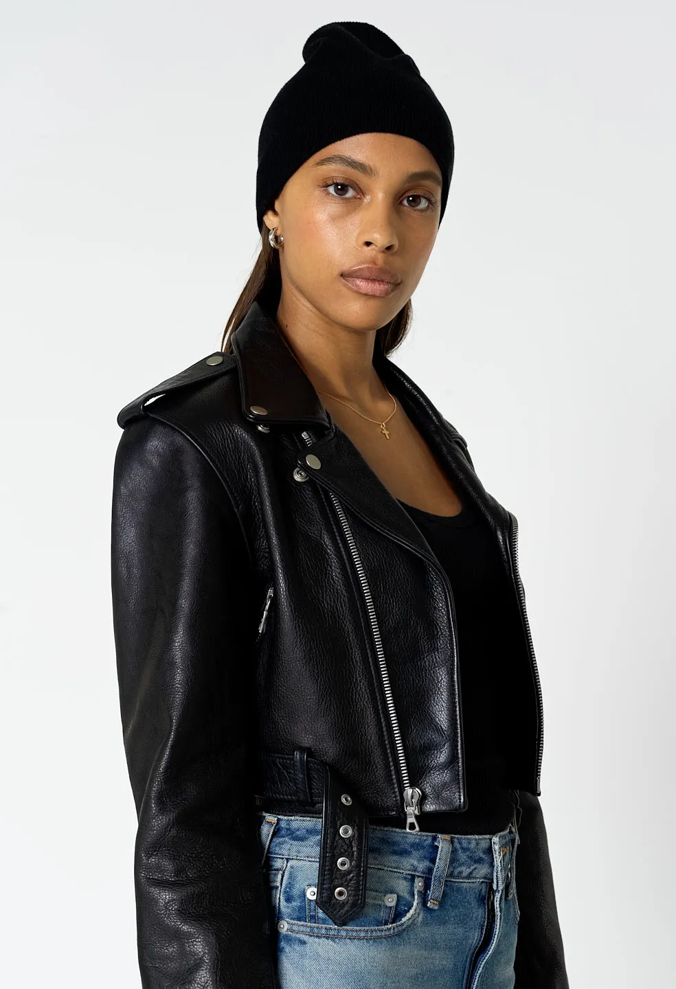 Leather Cropped Biker Jacket / Black