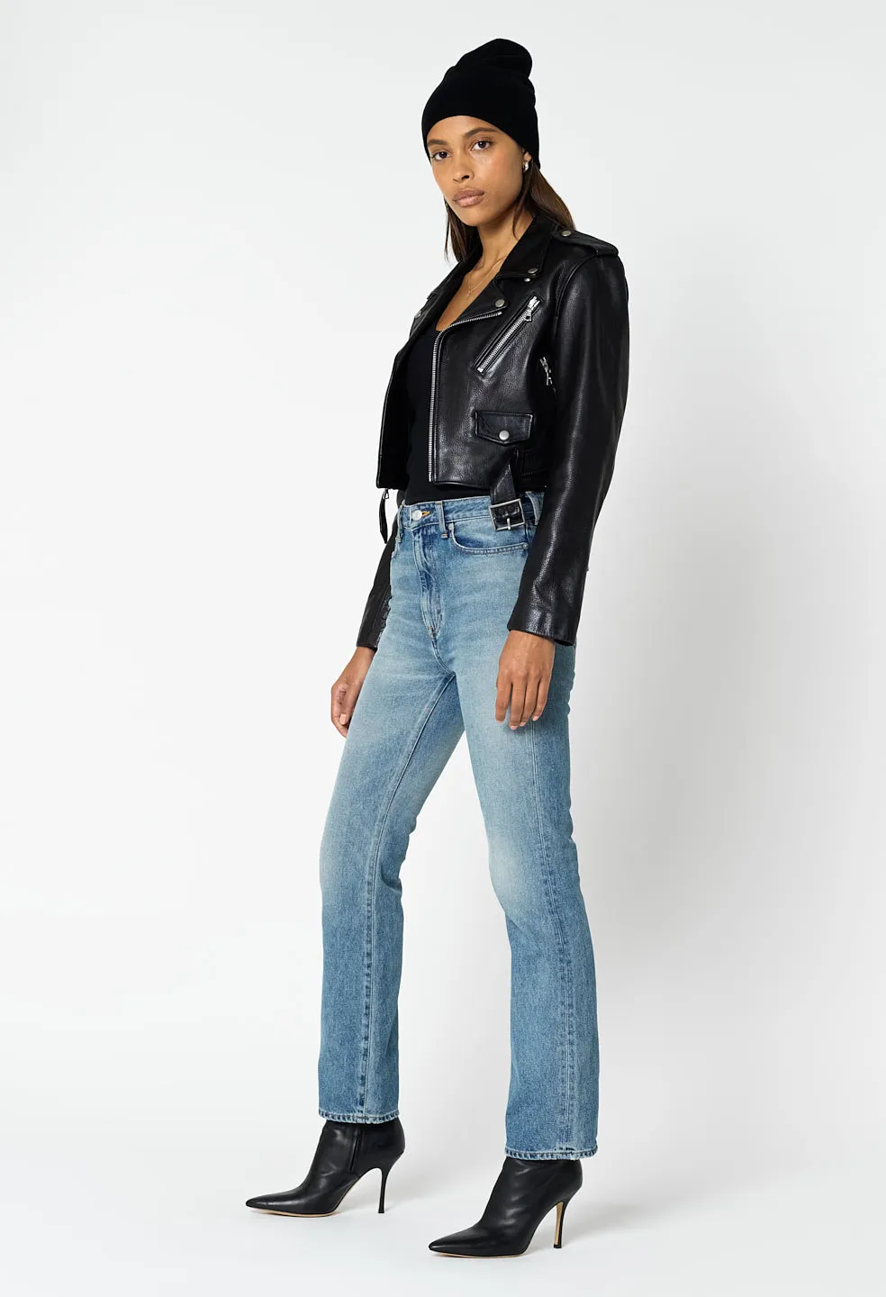 Leather Cropped Biker Jacket / Black