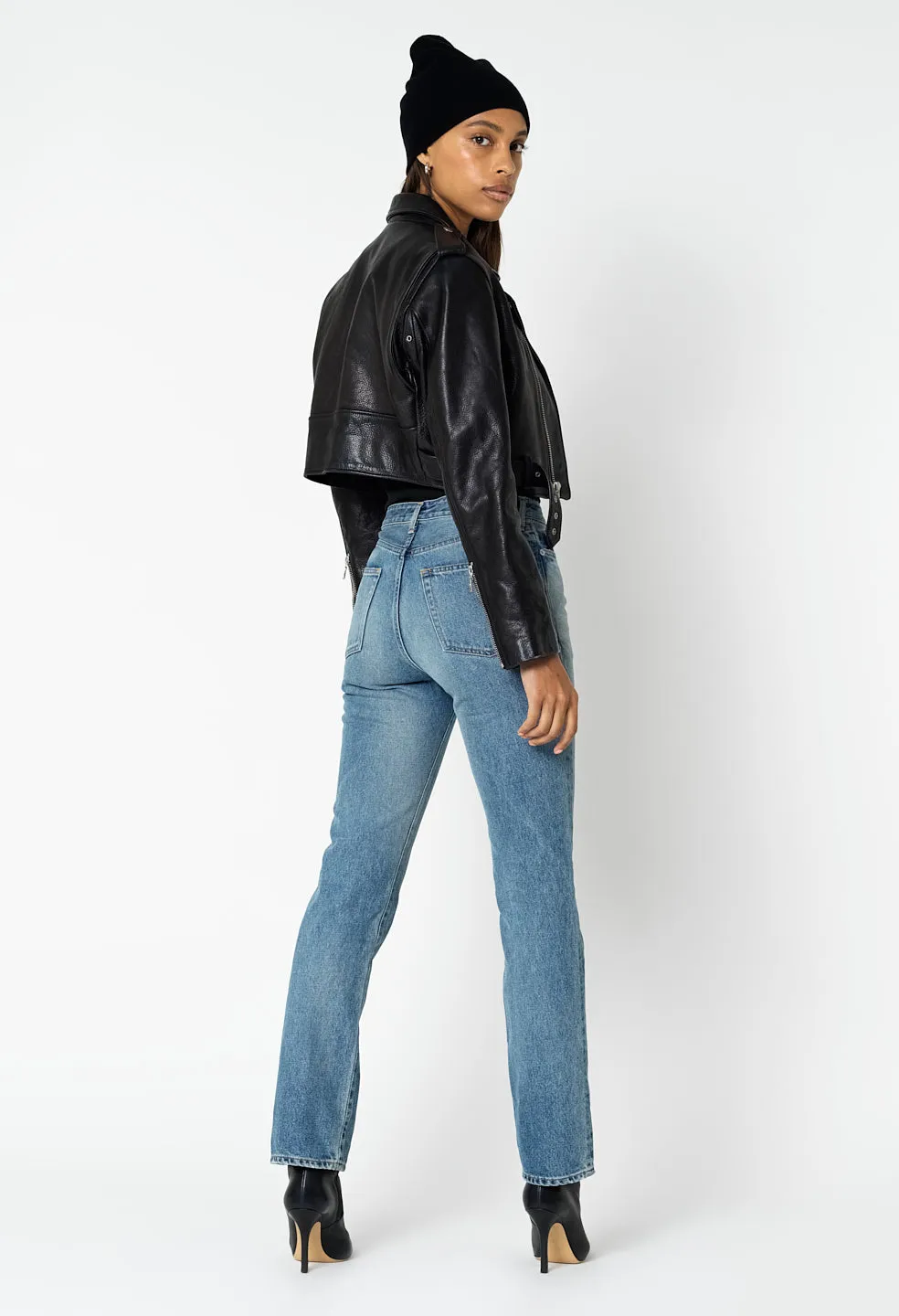 Leather Cropped Biker Jacket / Black