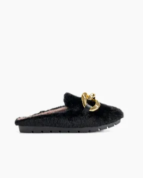 Metal Chain Fuzzy Backless Slip on Mules