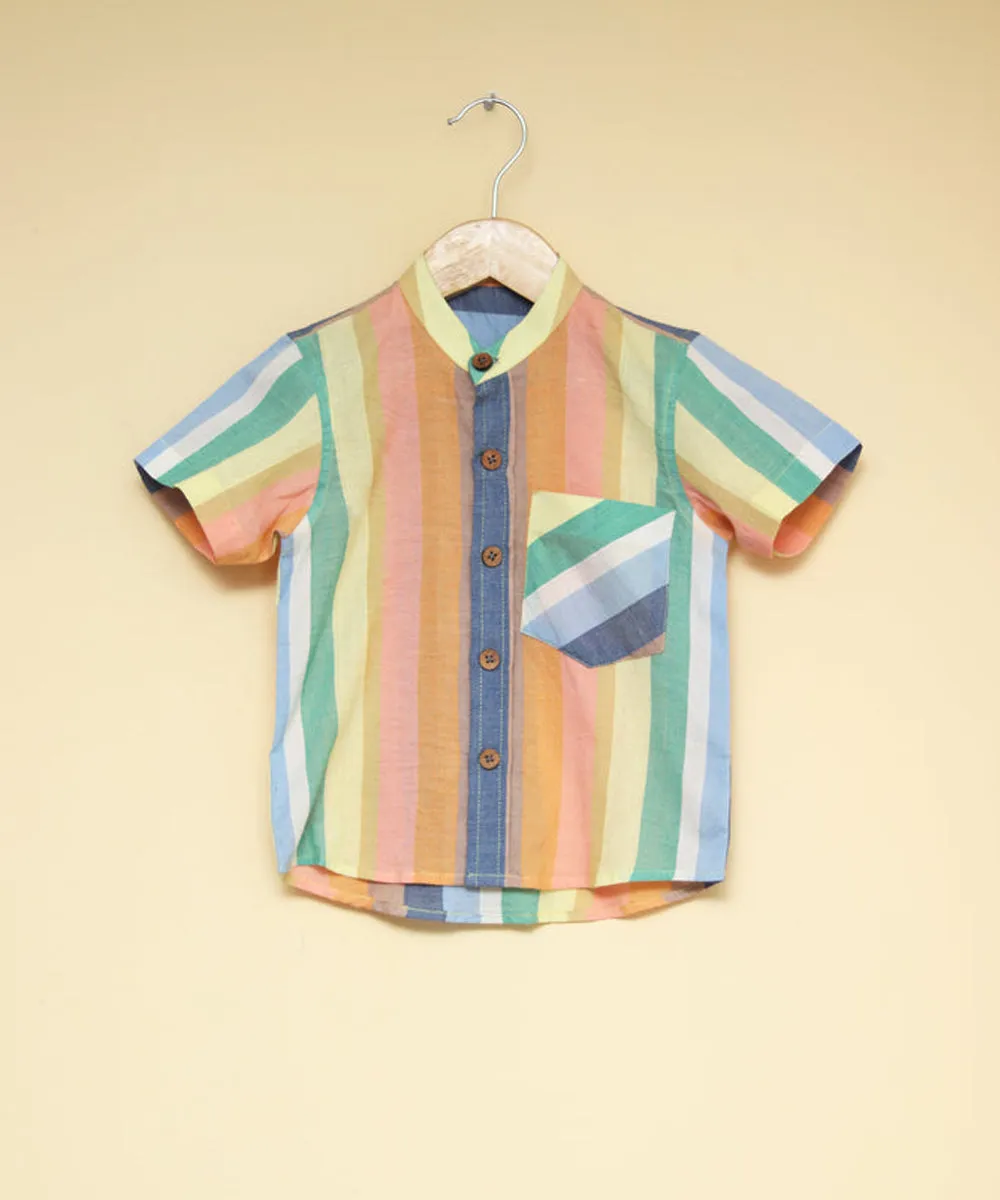 Multicolor handwoven cotton mandarin collar shirt