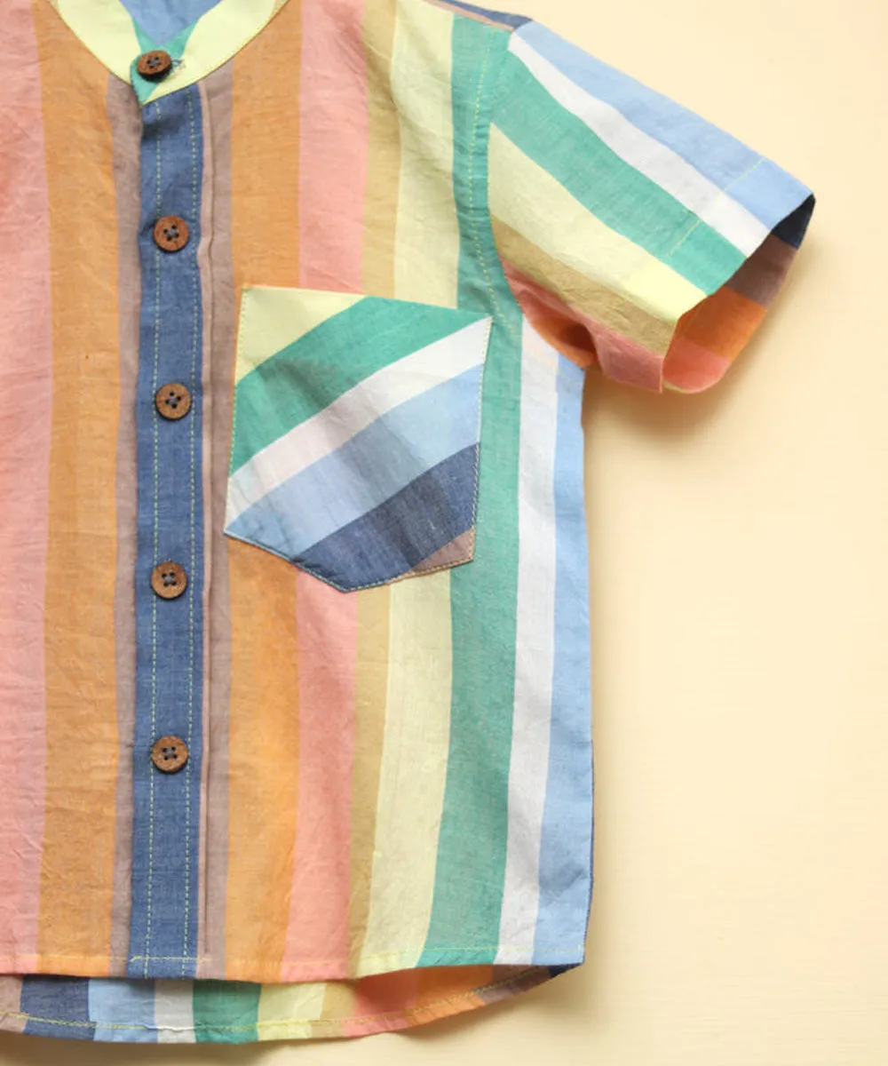 Multicolor handwoven cotton mandarin collar shirt