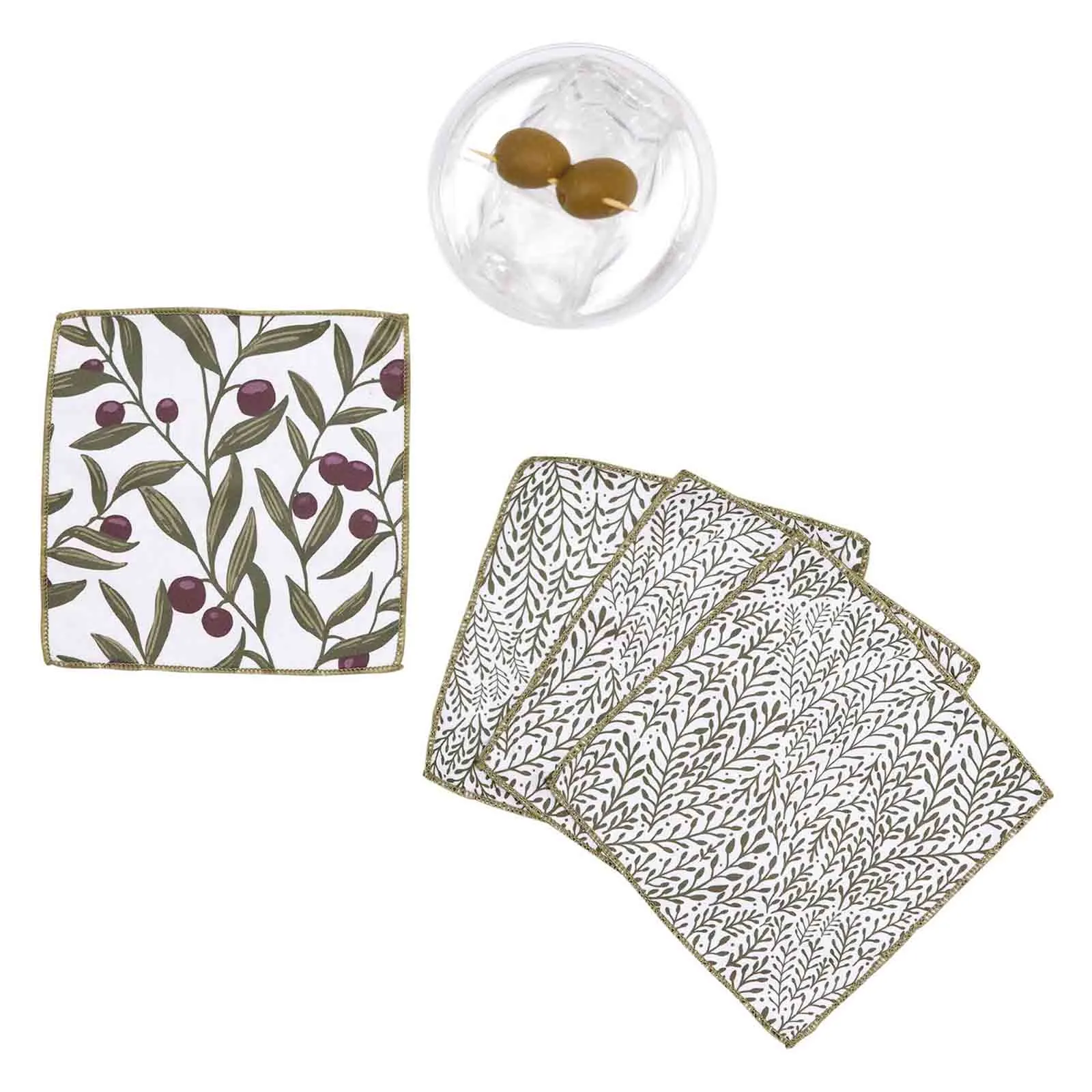 Olives Patterned Reusable Cocktail Napkins - Set of 8