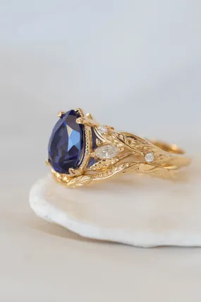 READY TO SHIP: Patricia set in 14K yellow gold, lab created pear cut blue sapphire 10x7 mm, moissanites, RING SIZES 6-8US