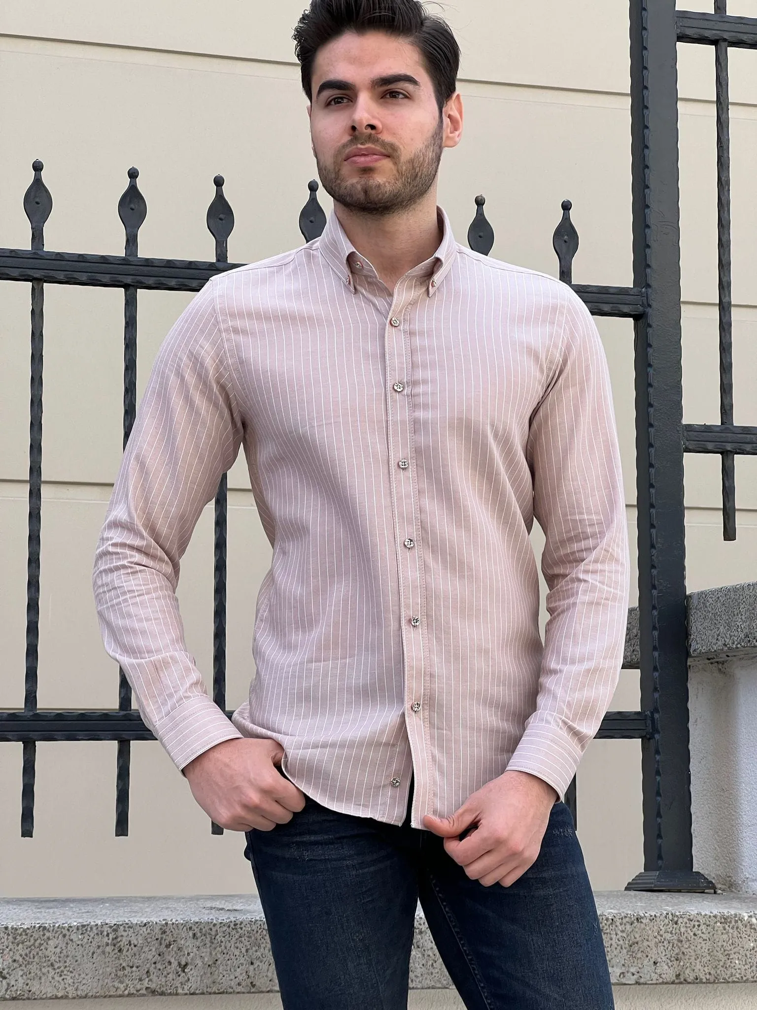 Slim Fit Striped Cotton Beige Shirt