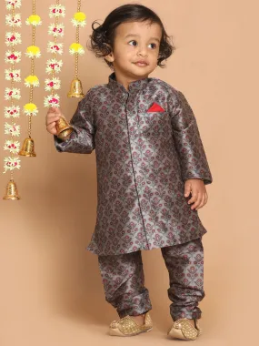 VASTRAMAY Boy's Grey Floral Printed Kurta And Pyjama Set