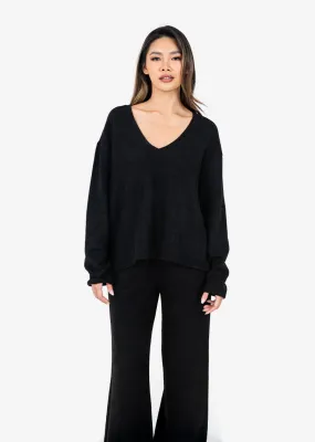 Wellness Rib Lounge V-neck LS Top & Palazzo Pant Set Black